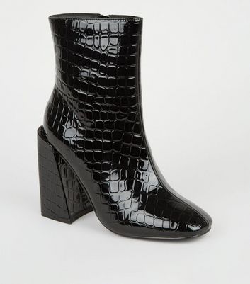 new look square toe flare heel croc boot in black