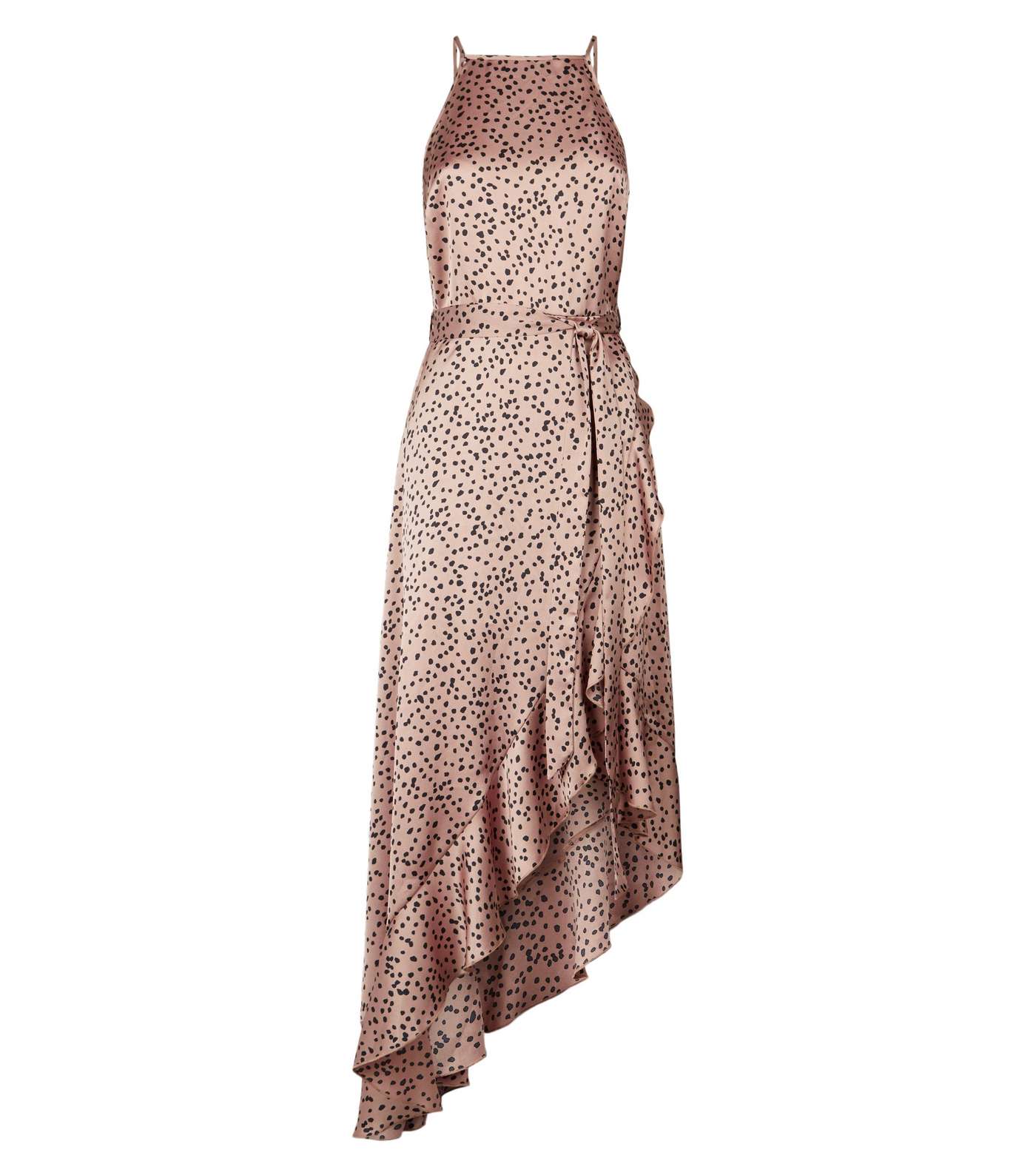 Brown Spot Ruffle Satin Wrap Midi Dress Image 4