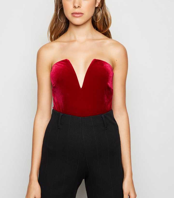 Red Velvet Plunge Neck Bandeau Bodysuit