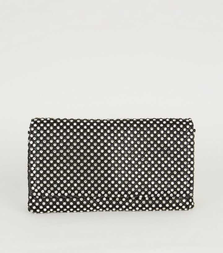 Black Diamanté Embellished Foldover Clutch