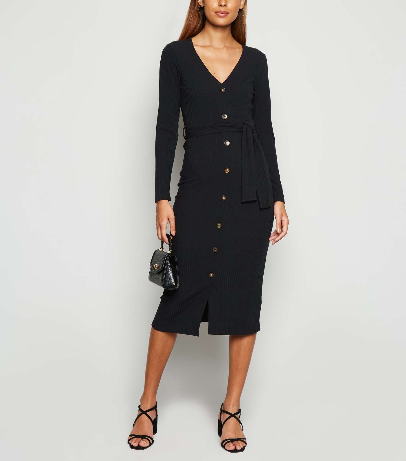 Black Ribbed Button Belted Midi Dress