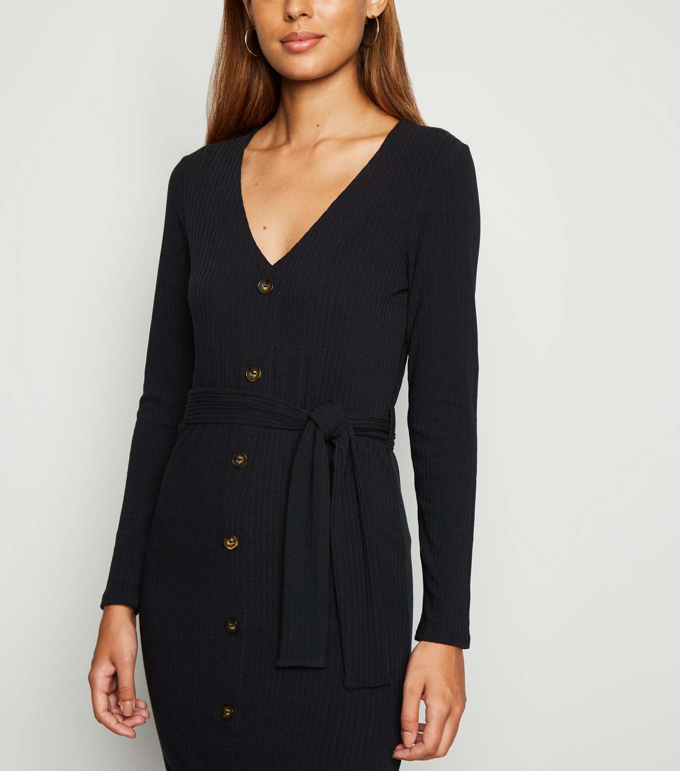 Black Ribbed Button Belted Midi Dress Image 3