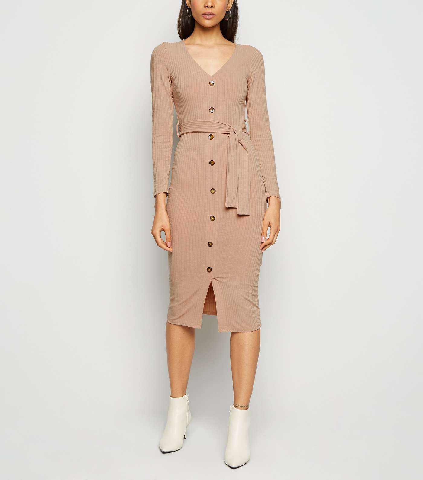 Stone Ribbed Button Belted Midi Dress
