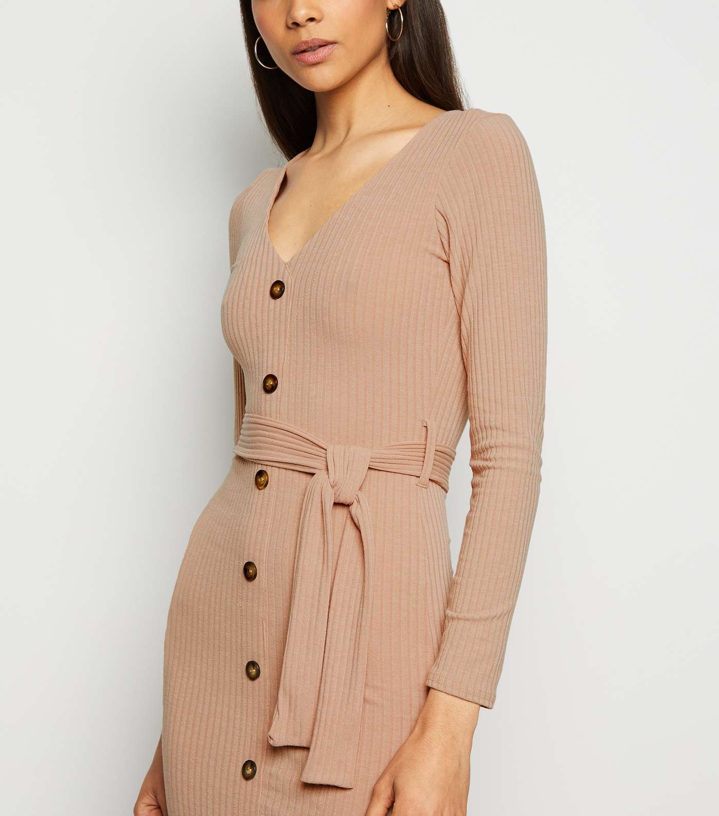 Stone Ribbed Button Belted Midi Dress Image 3