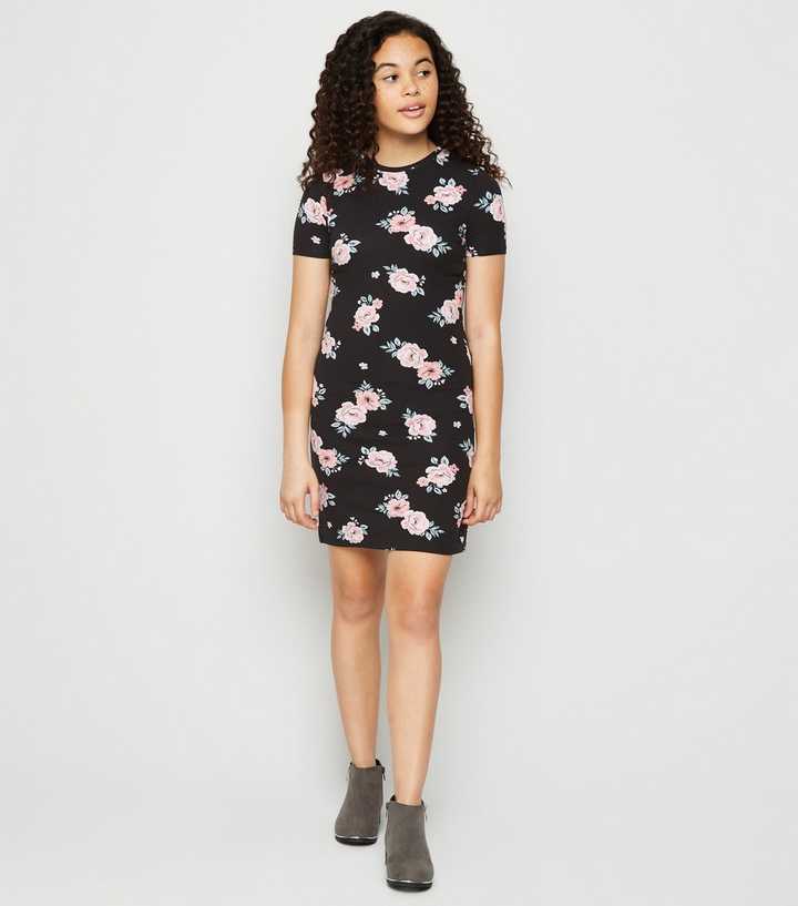 Girls Black Floral Bodycon Dress
