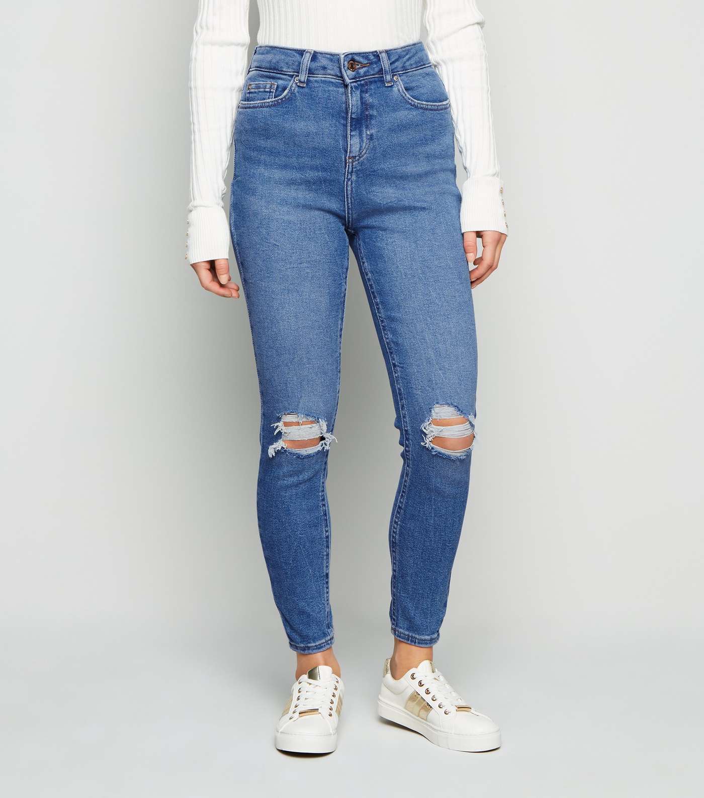 Petite Bright Blue Ripped High Waist Jeans Image 2