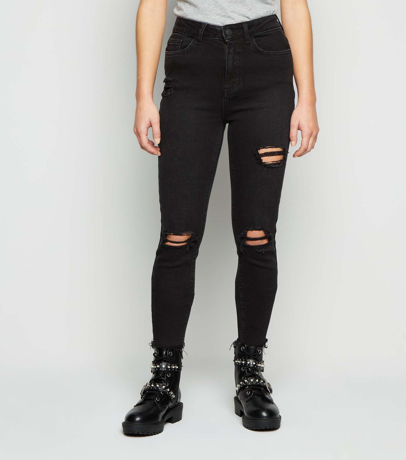 Petite Black Ripped Super Skinny Jeans Image 2