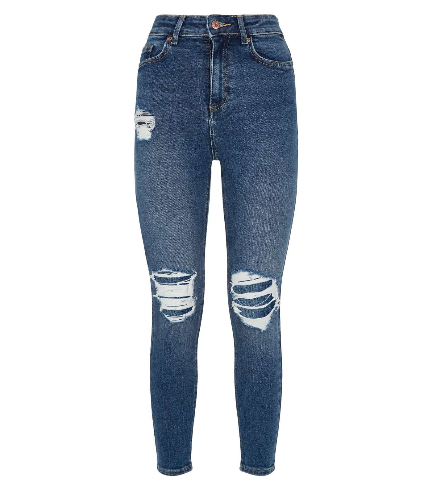 Petite Blue Ripped High Waist Super Skinny Jeans Image 4