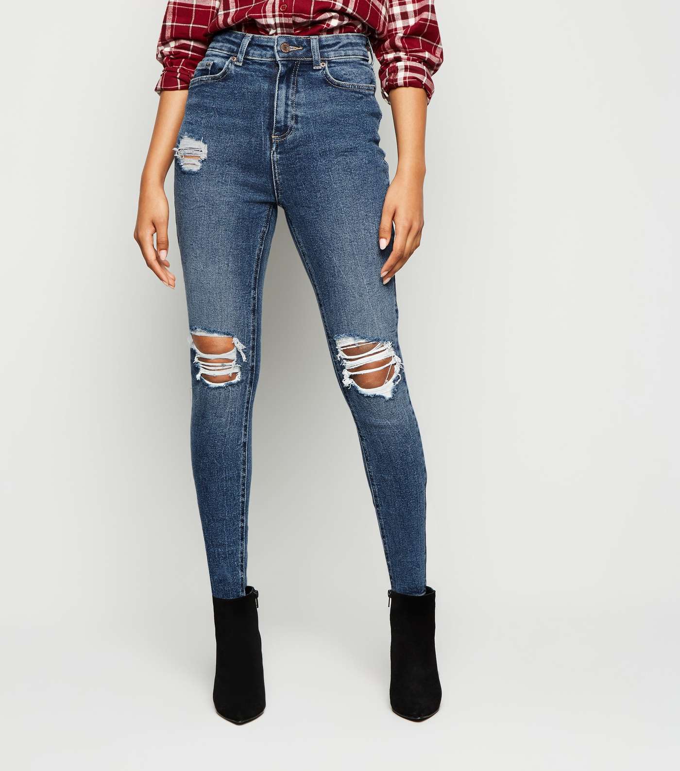 Petite Blue Ripped High Waist Super Skinny Jeans Image 2