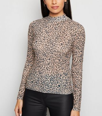 long sleeve mesh leopard print top