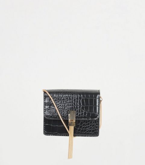Black Faux Croc Mini Chain Shoulder Bag