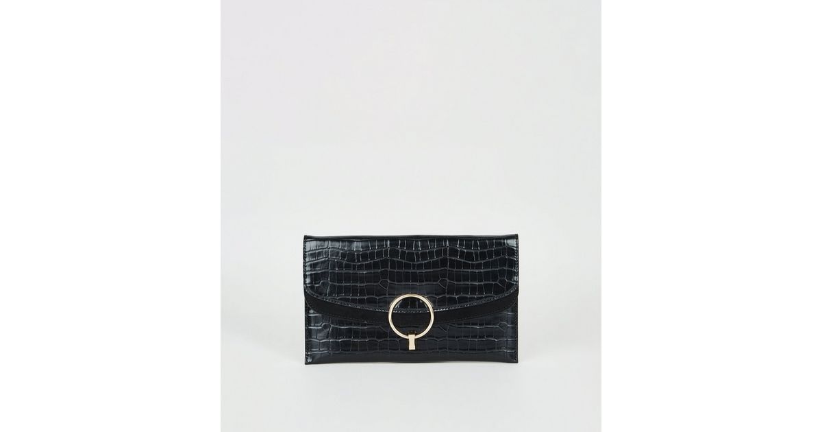 Black Patent Faux Croc Ring Clutch Bag | New Look