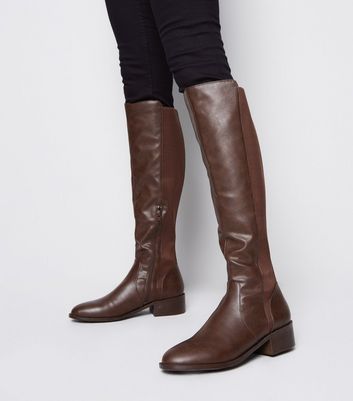 Dark Brown Leather-Look Flat Knee High 