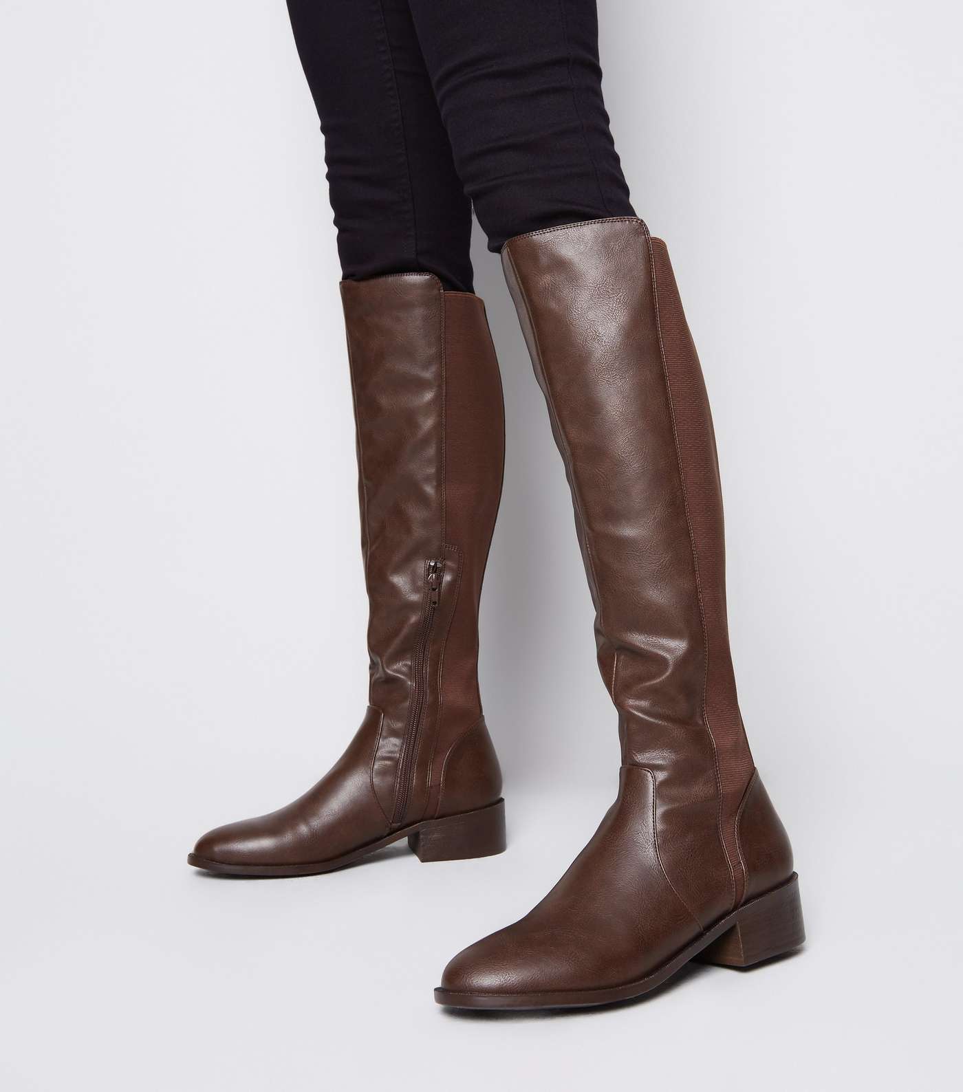 Dark Brown Leather-Look Flat Knee High Boots Image 2