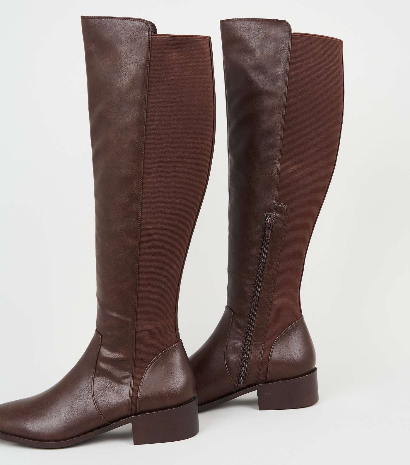 Dark Brown Leather-Look Flat Knee High Boots Image 4