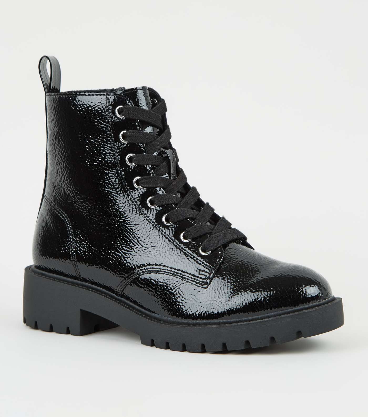 Girls Black Patent Chunky Lace Up Boots