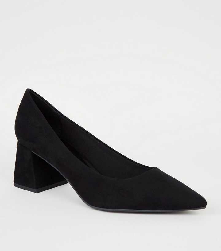 Black Suedette Flared Block Heel Courts