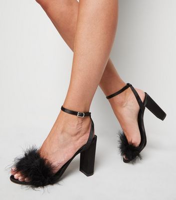 black feather block heels