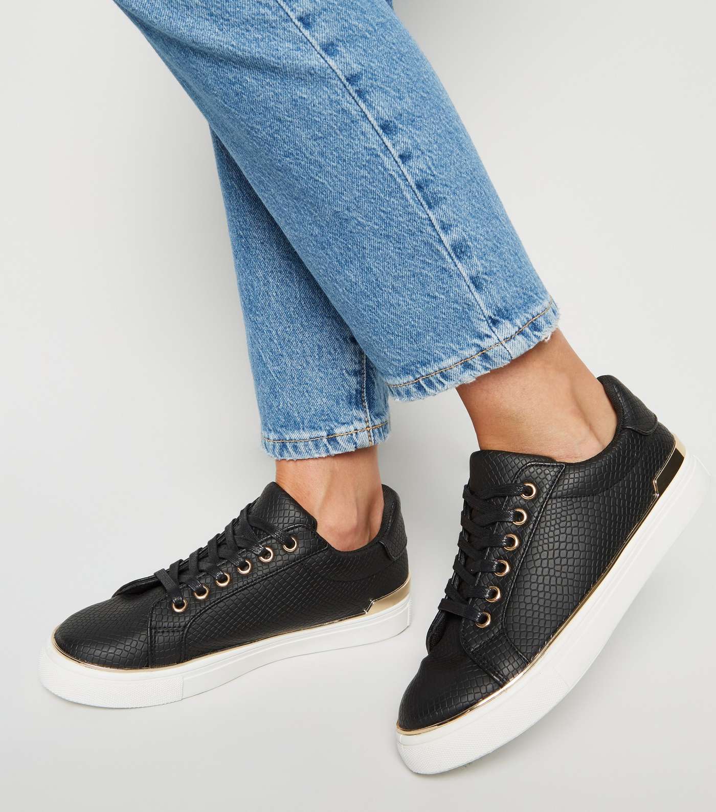 Black Leather-Look Faux Snake Lace Up Trainers Image 2