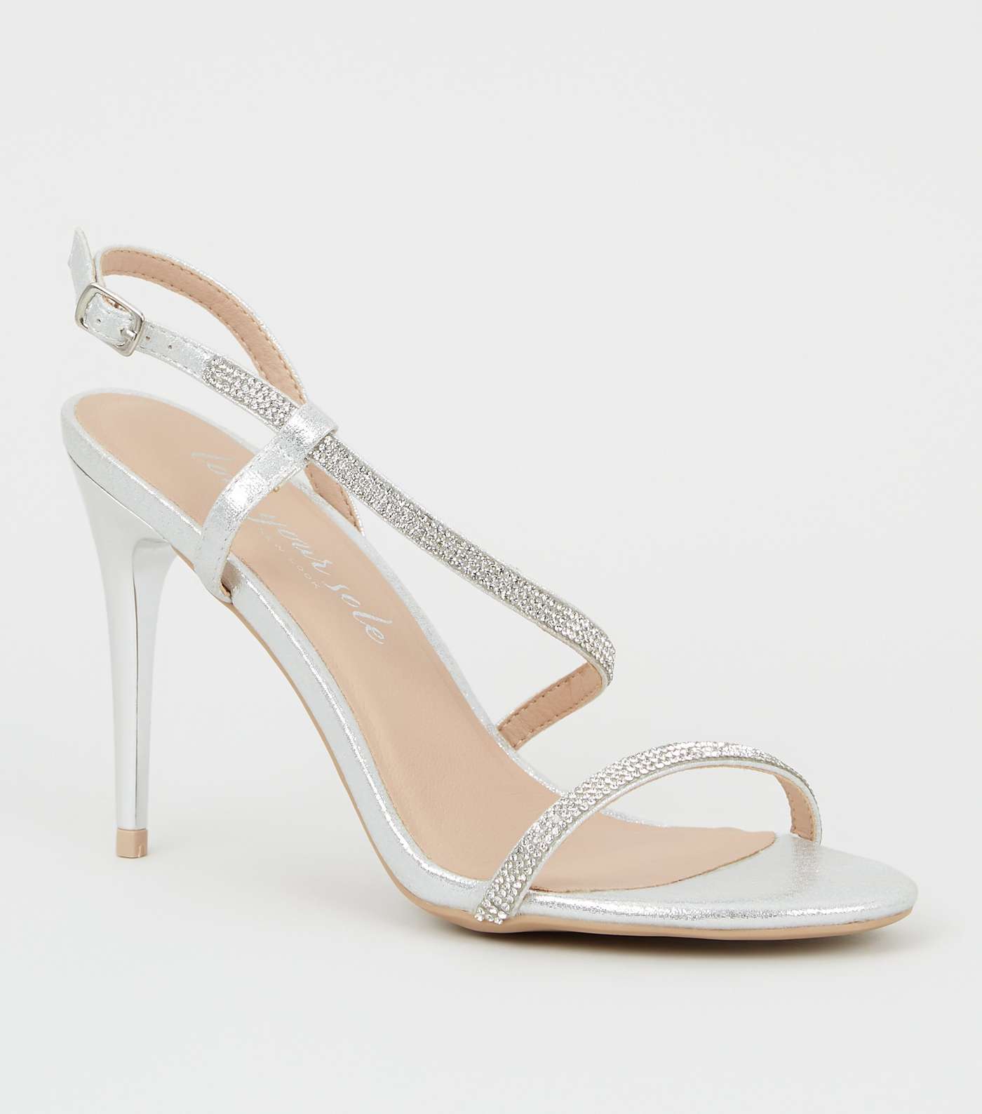 Silver Diamanté Asymmetric Strap Stiletto Heels