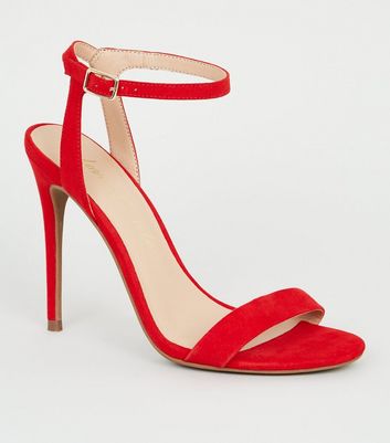Red Suedette Ankle Strap Stiletto Heels 