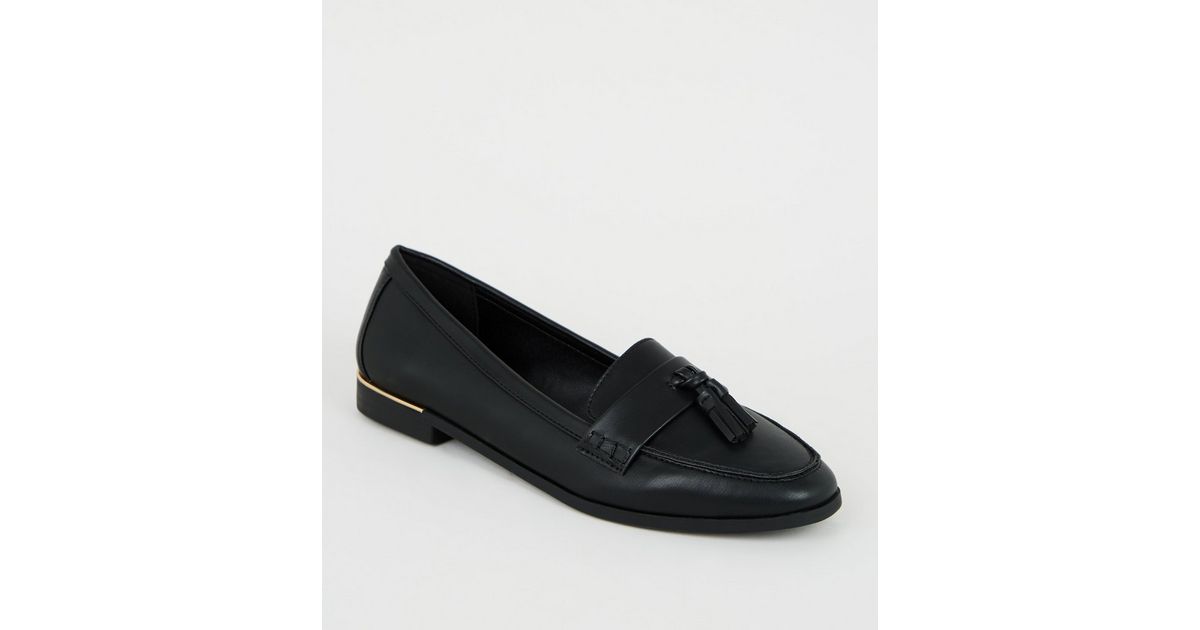Black LeatherLook Metal Trim Tassel Loafers New Look