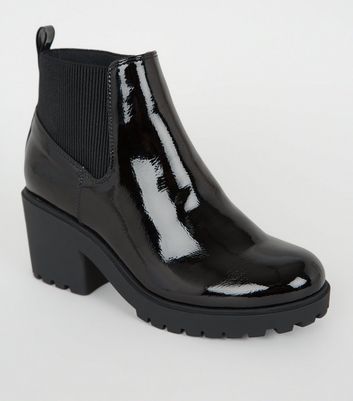 Black Patent Chunky Block Heel Boots 