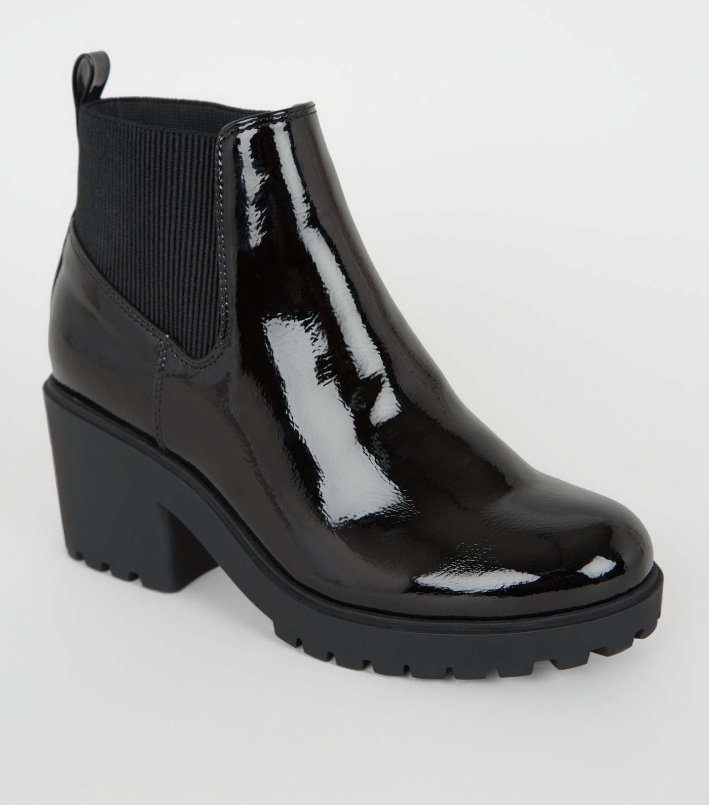 Girls Black Patent Chunky Block Heel Boots