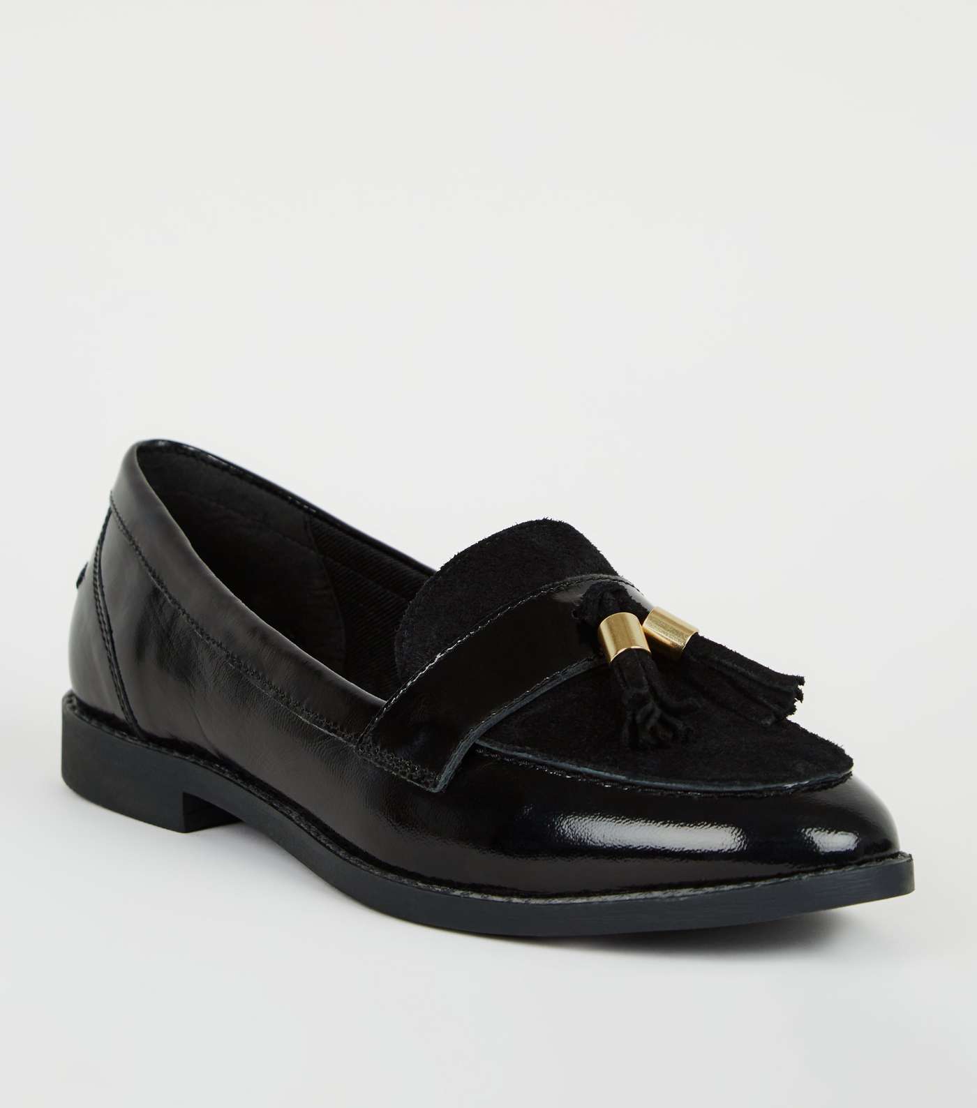Black Suede and Leather Tassel Trim Loafers