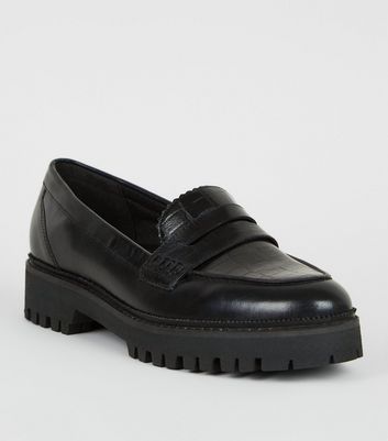 Black Leather Faux Croc Chunky Loafers 