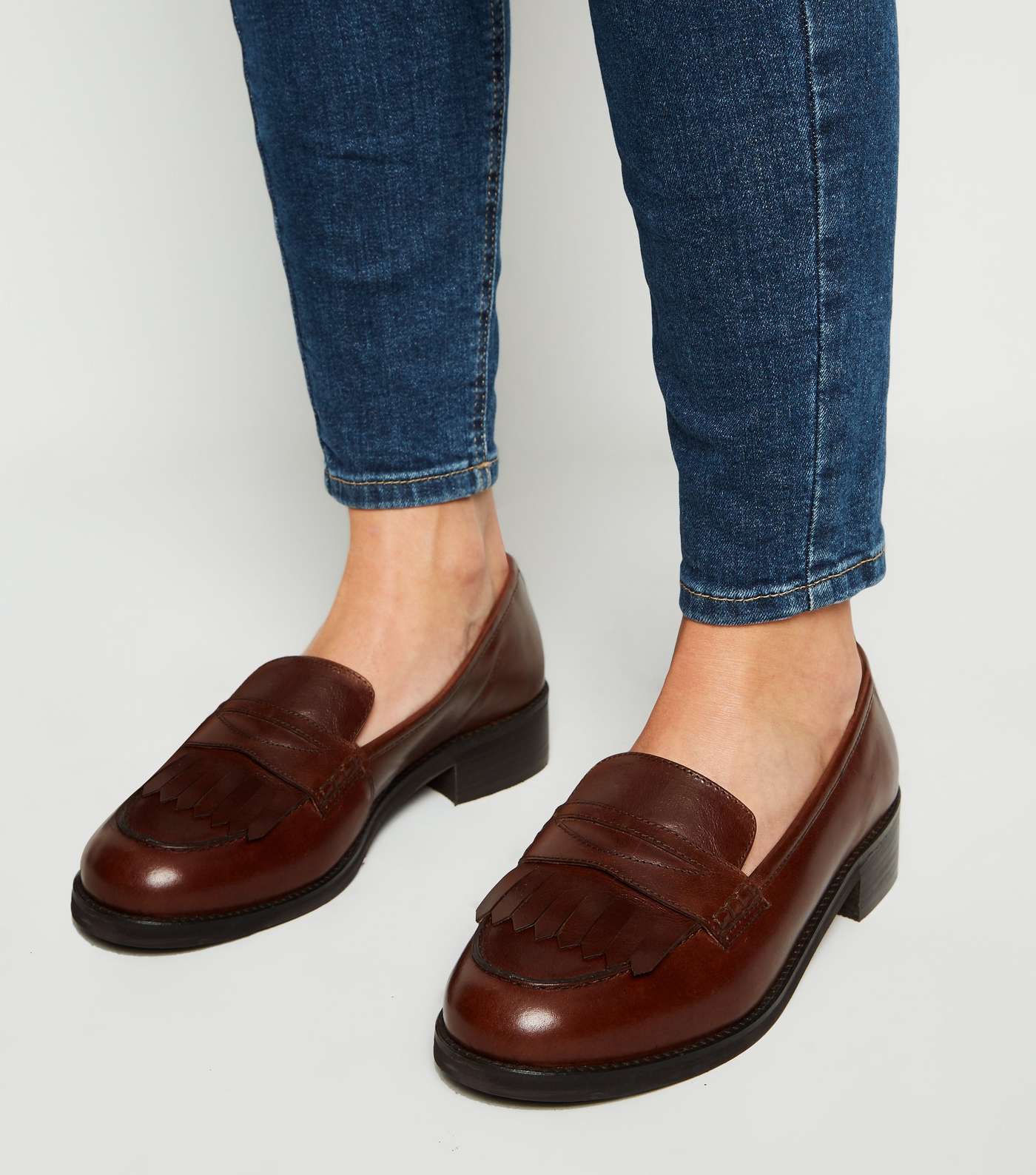 Wide Fit Brown Leather Fringe Loafers Image 2