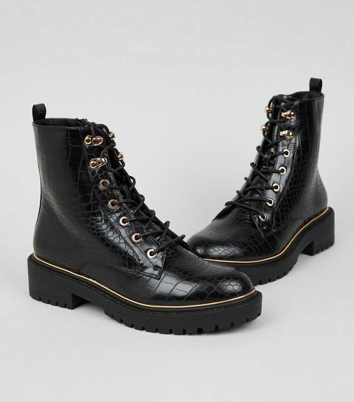 Black Croc Chunky Lace Up Boots | New Look