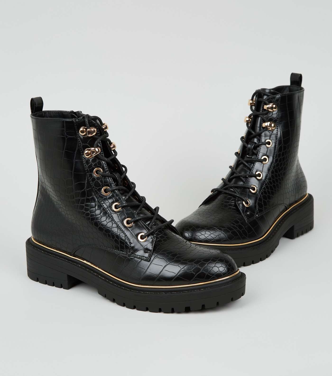 Black Faux Croc Chunky Lace Up Boots Image 3
