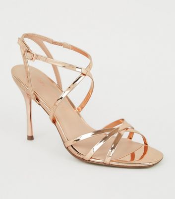 Wide Fit Rose Gold Glitter 2 Part Strappy Block Heel Sandals | New Look
