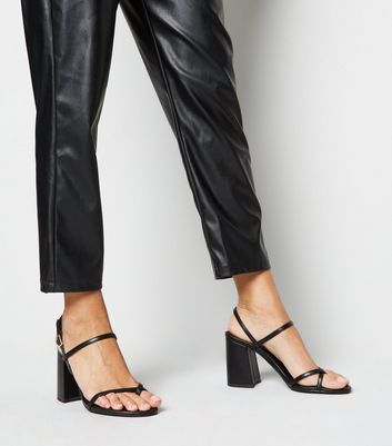 Black Leather-Look Toe Loop Block Heels 