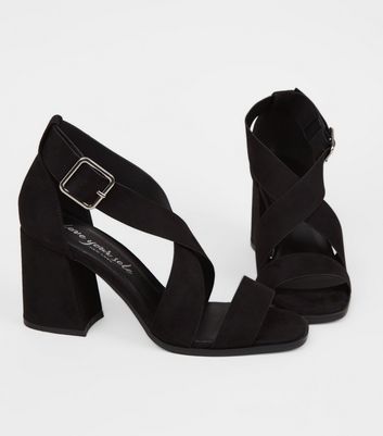 Image of Black Suedette Cross Strap Block Heels New Look