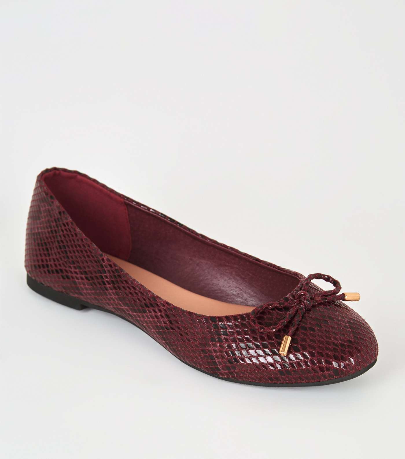 Dark Red Faux Snake Bow Ballet Pumps