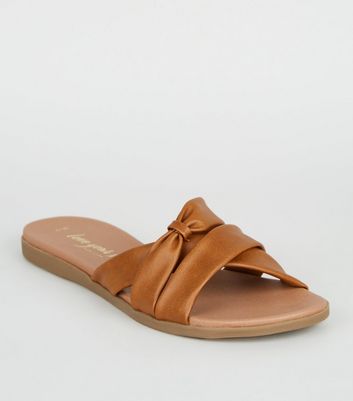 Tan Leather-Look Bow Footbed Sliders | New Look