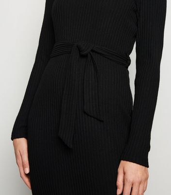 Black Ribbed Fine Knit Belted Midi Dress | New Look