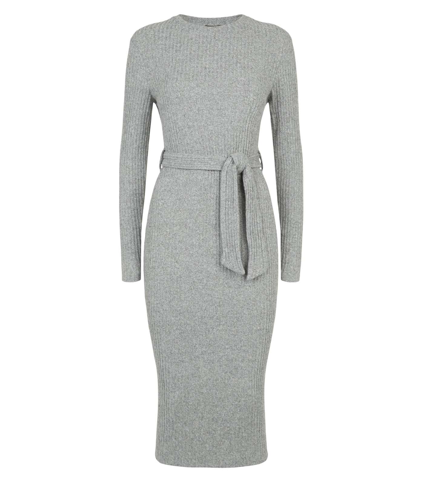 Grey Ribbed Knit Belted Midi Dress Image 4