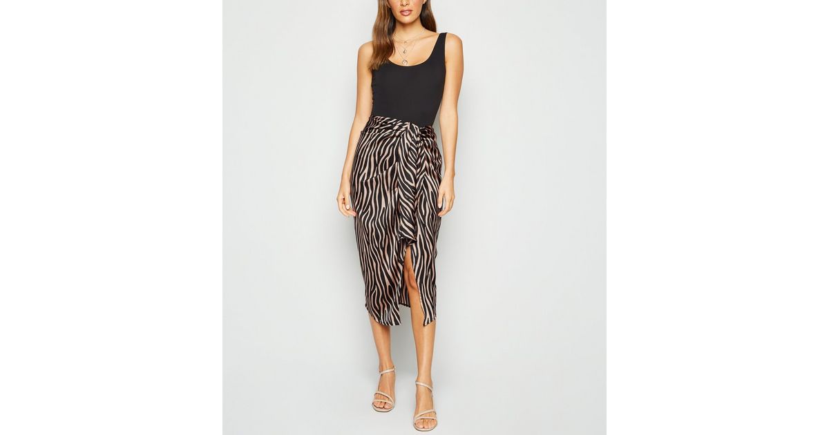 Brown Satin Zebra Print Wrap Skirt New Look