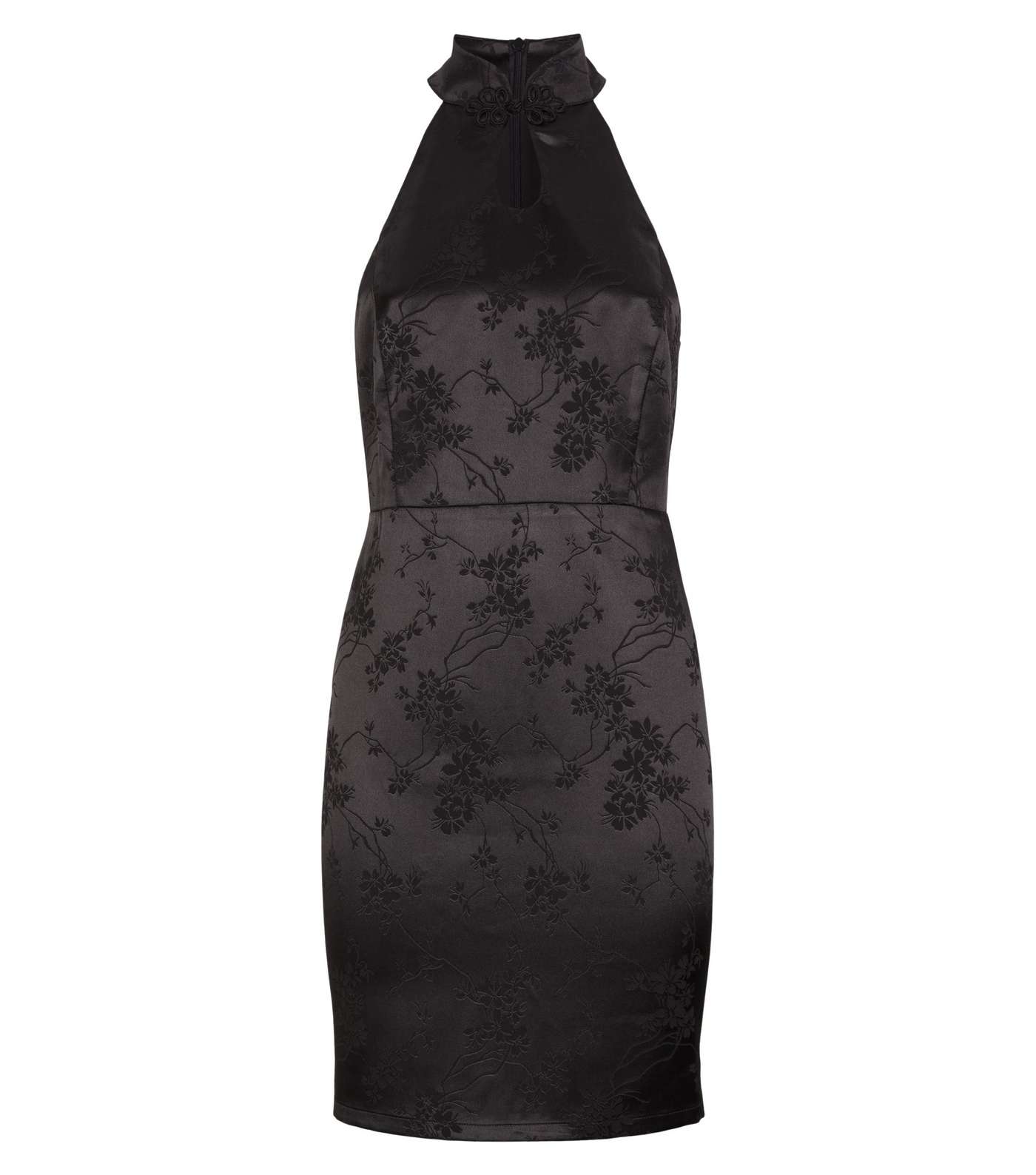Black Satin Floral Jacquard High Neck Dress Image 4