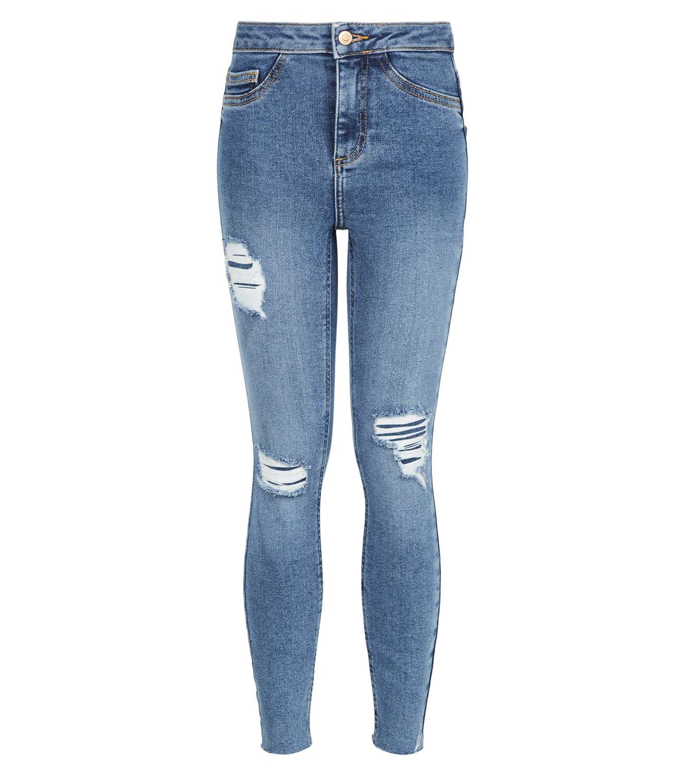 Girls Blue Mid Wash Ripped High Waist Super Skinny Jeans Image 4