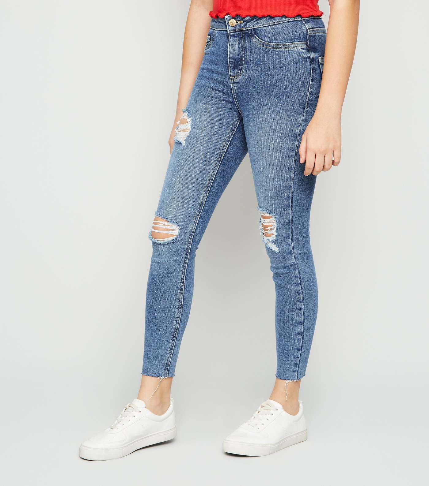 Girls Blue Mid Wash Ripped High Waist Super Skinny Jeans Image 2