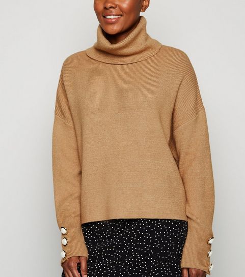 Cameo Rose Camel Faux Pearl Roll Neck Jumper