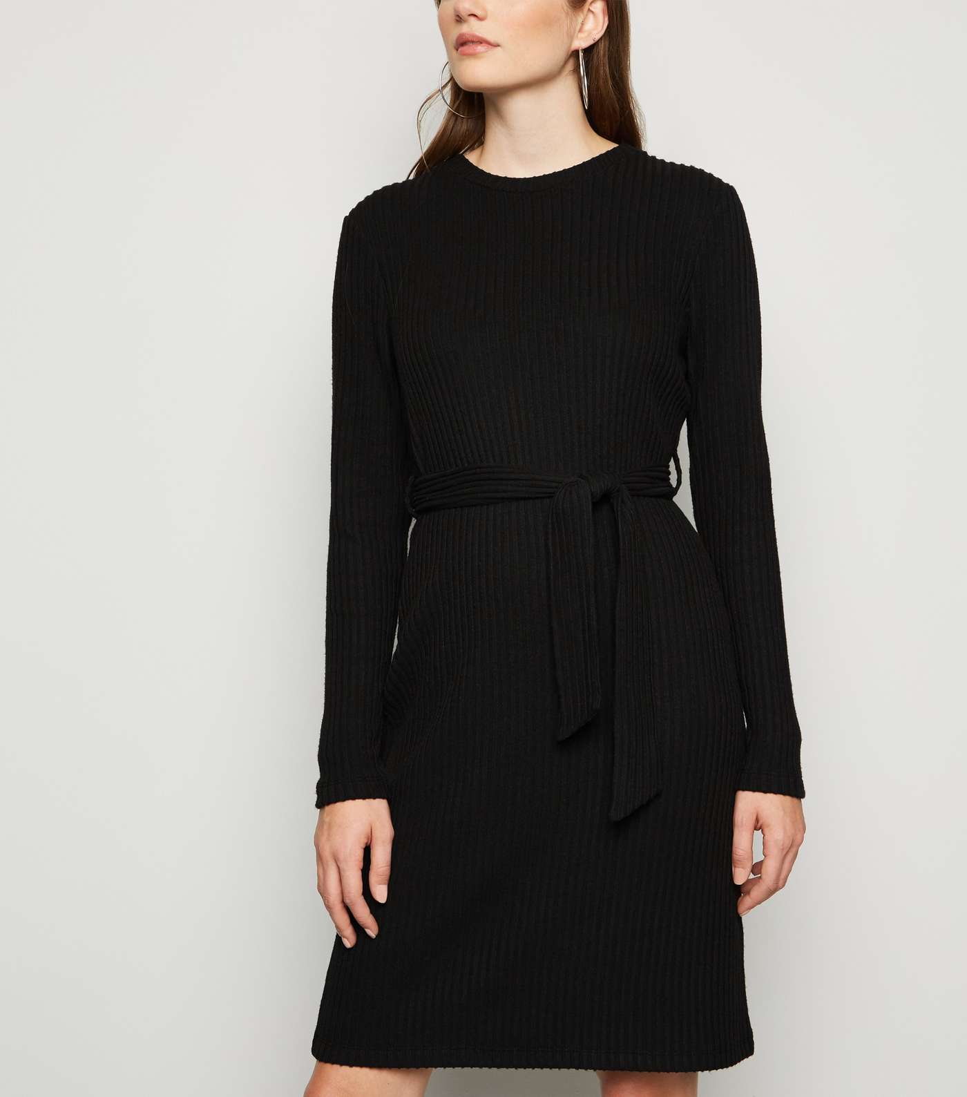 Black Ribbed Fine Knit Belted Tunic Dress