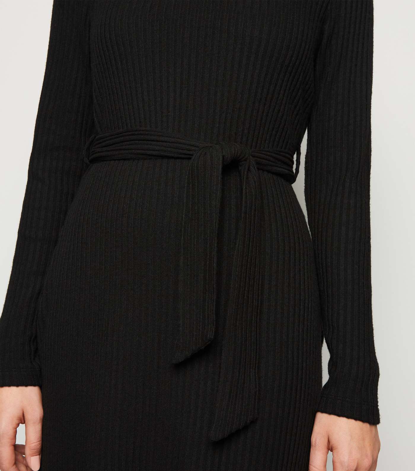 Black Ribbed Fine Knit Belted Tunic Dress Image 5