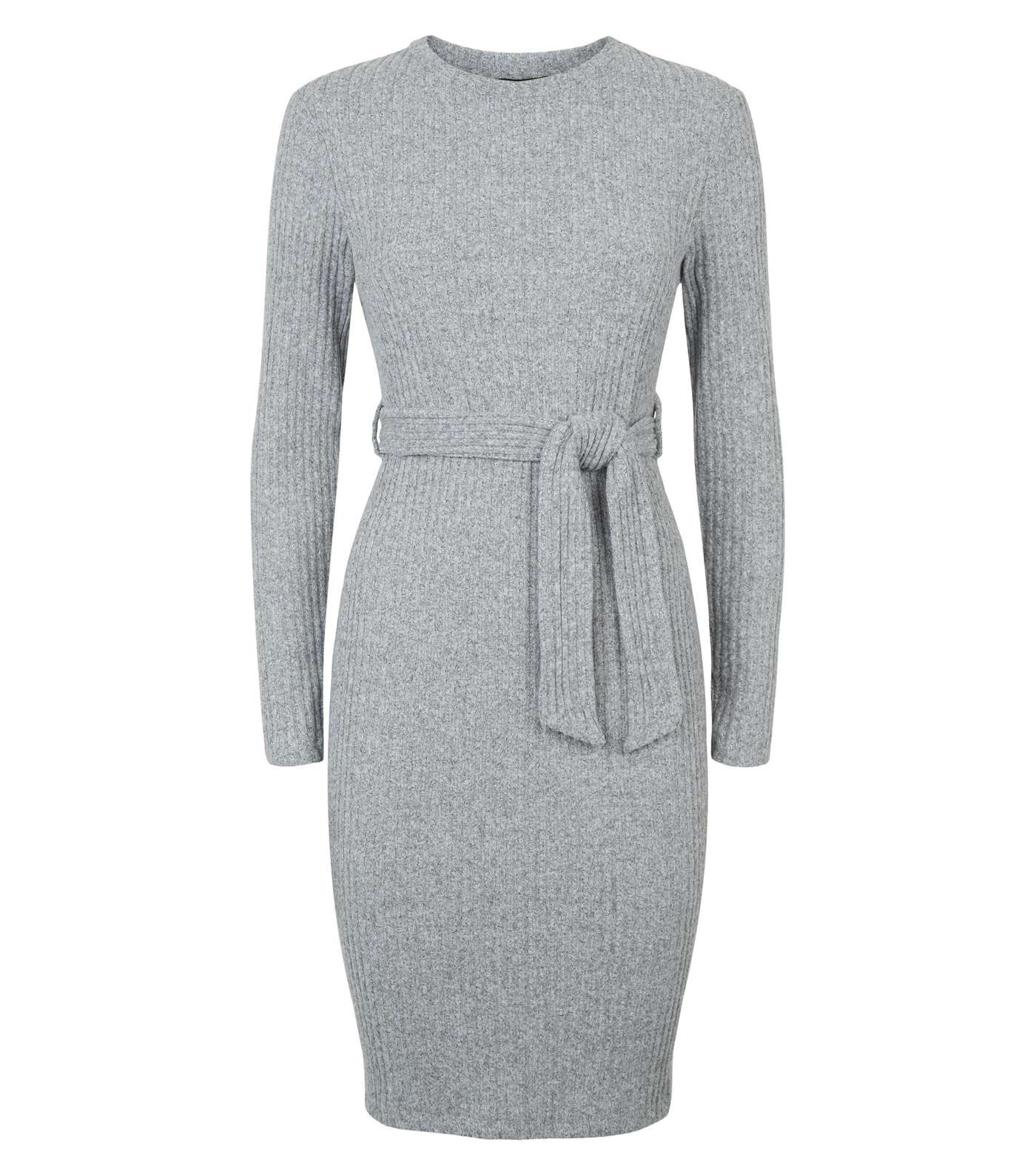 Grey Ribbed Knit Belted Tunic Dress Image 4