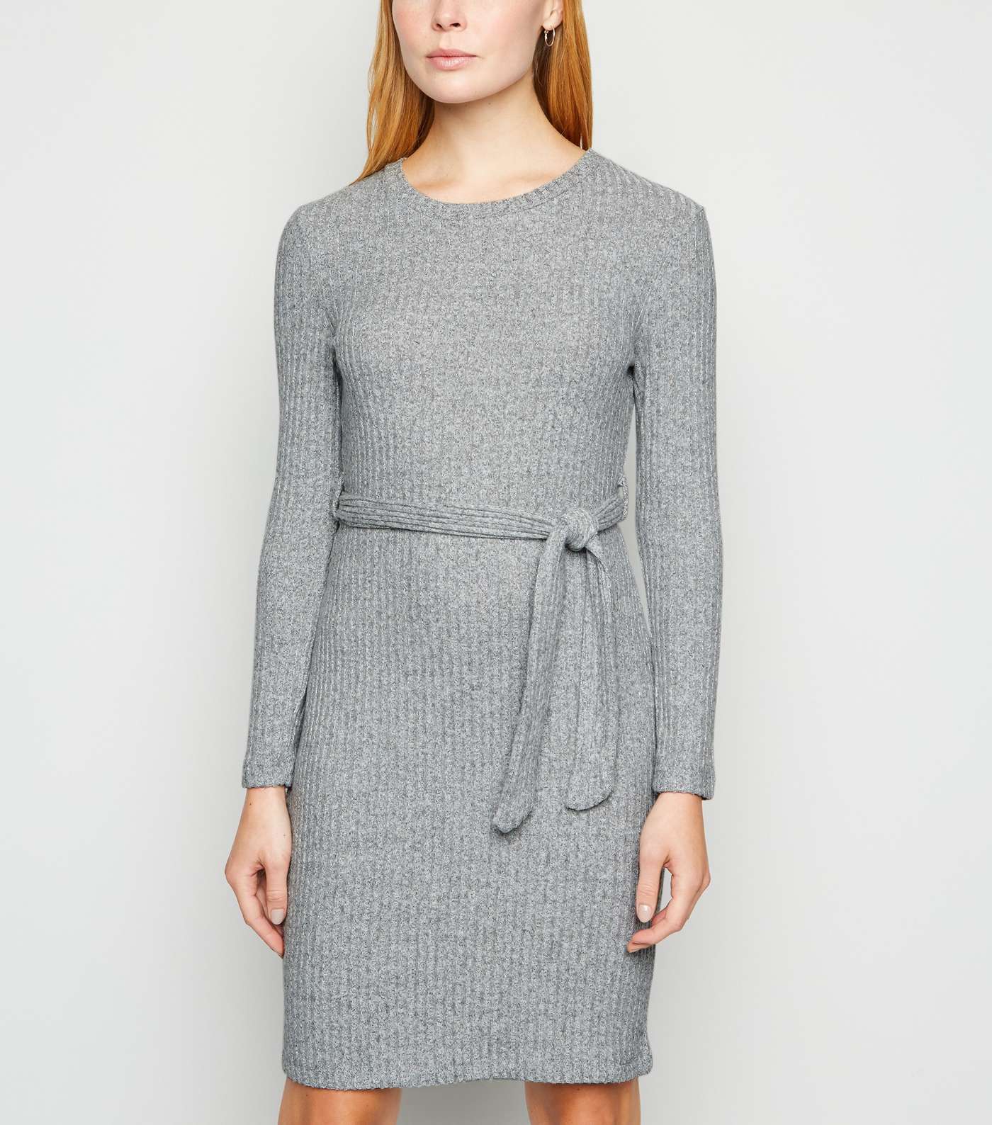 Grey Ribbed Knit Belted Tunic Dress Image 2