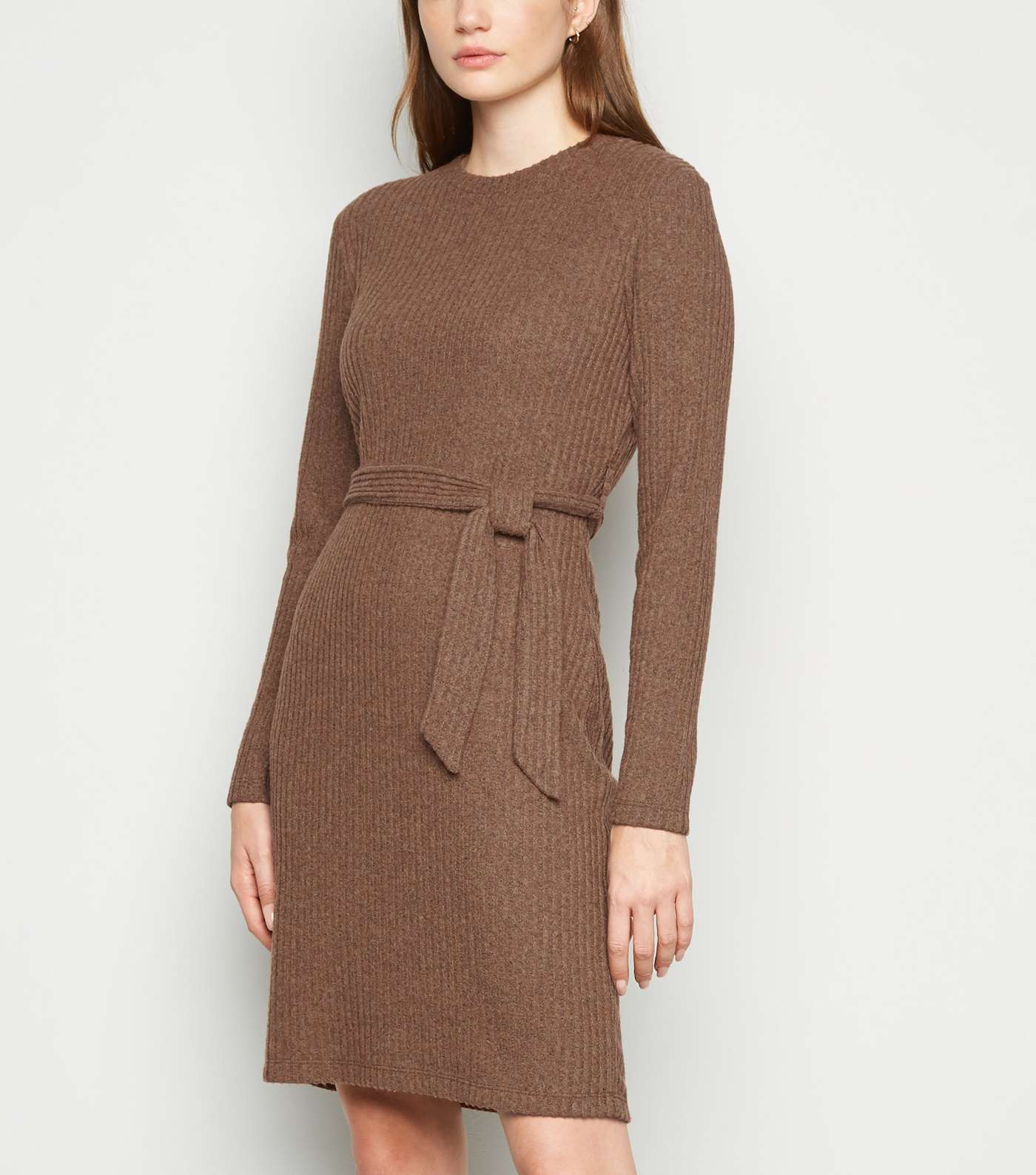 Rust Ribbed Fine Knit Belted Tunic Dress